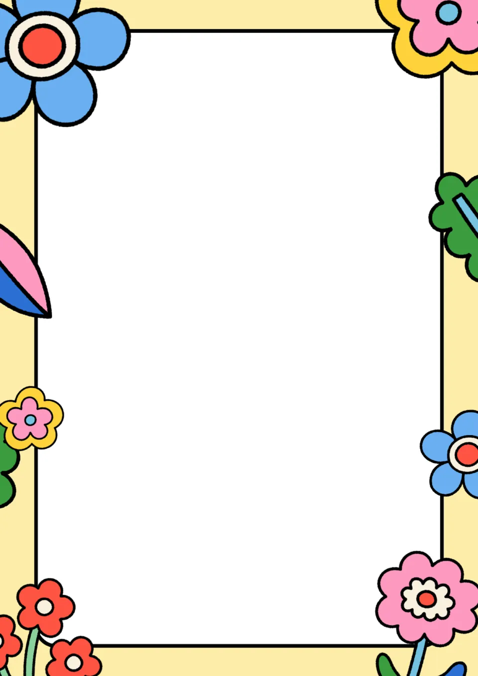 Blank spring sheet framed in pale yellow with blue, pink and red cartoon flowers, open space for student writing or drawing