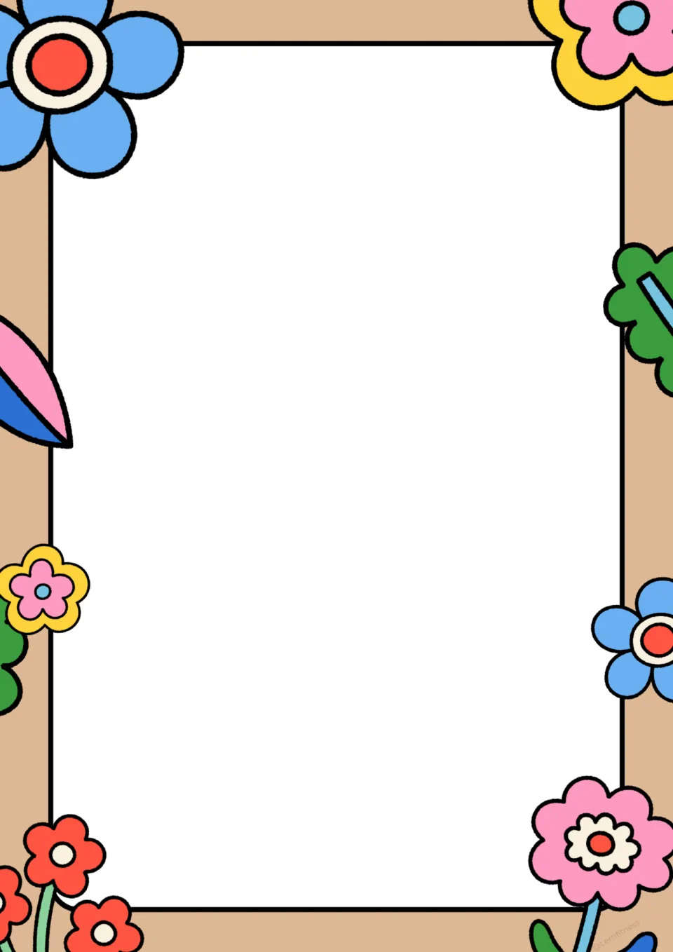 Blank spring sheet framed in tan with cartoon flowers and leaves; the empty center is ready for a custom task or writing
