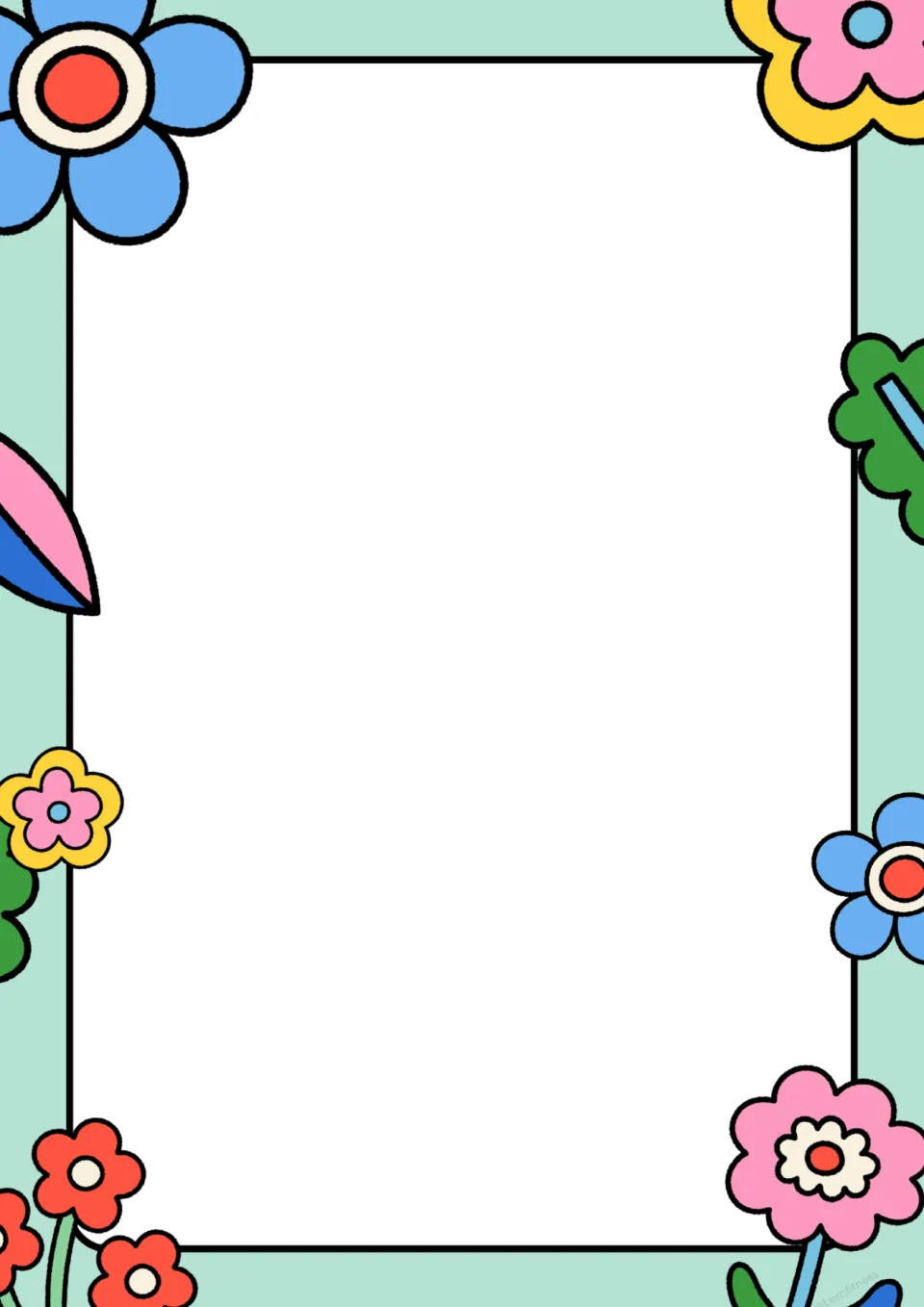 Blank spring sheet framed in mint green with bright cartoon flowers, leaving an open center for notes, drawings or a poem