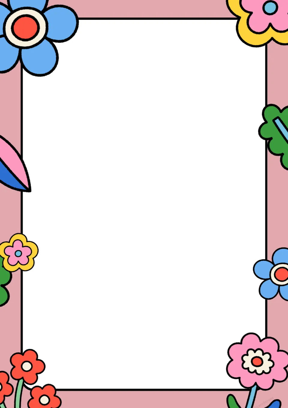 Blank spring sheet framed in dusty pink with cartoon flowers and leaves around an empty center for writing or a short story