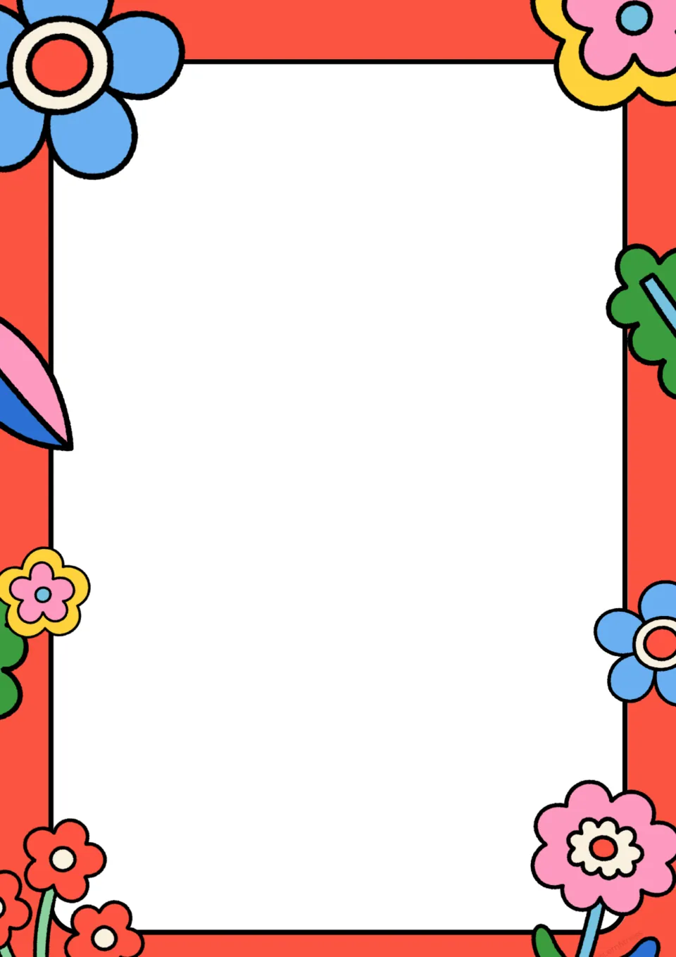 Blank spring sheet framed in bright red-orange with cartoon flowers, open center for a drawing, message or classroom sign