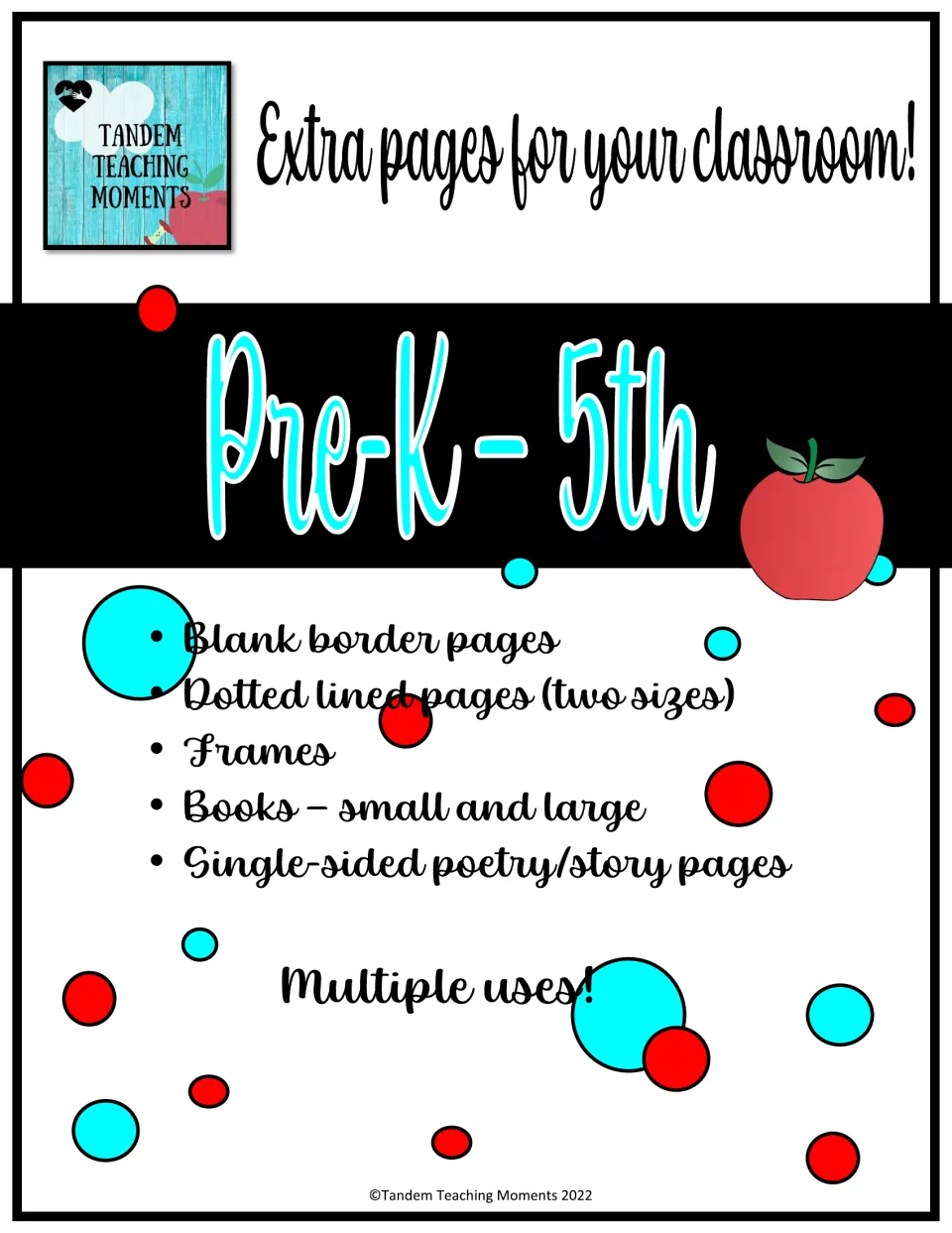 Cover: Extra pages for your classroom, Pre-K to 5th, with border pages, dotted lined pages, frames, books and story pages