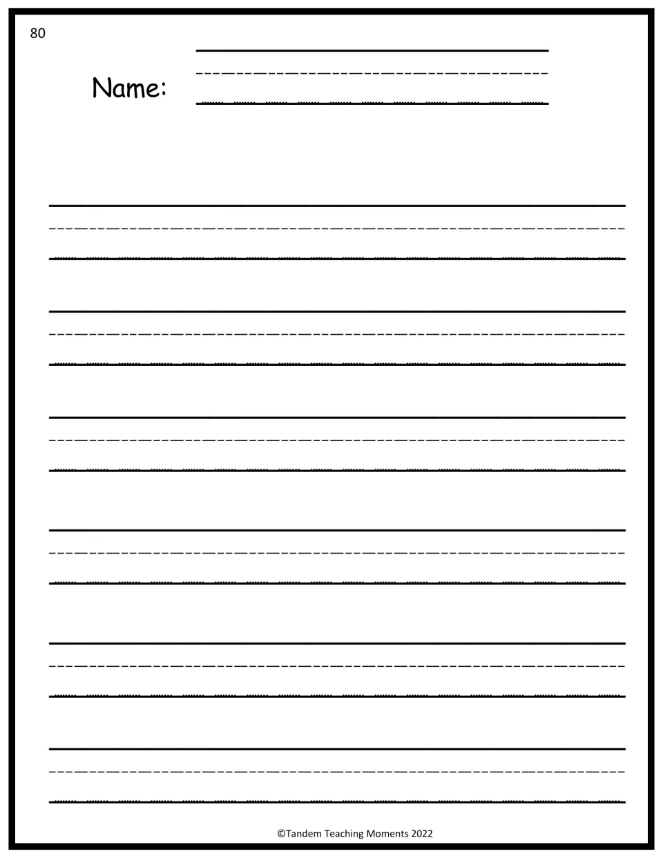 Handwriting practice, larger 80 size: name line and six rows of dotted midline guides for printing letters and sentences