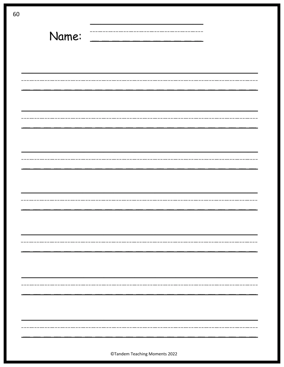 Handwriting practice, smaller 60 size: name line and seven rows of dotted midline guides for writing words and sentences