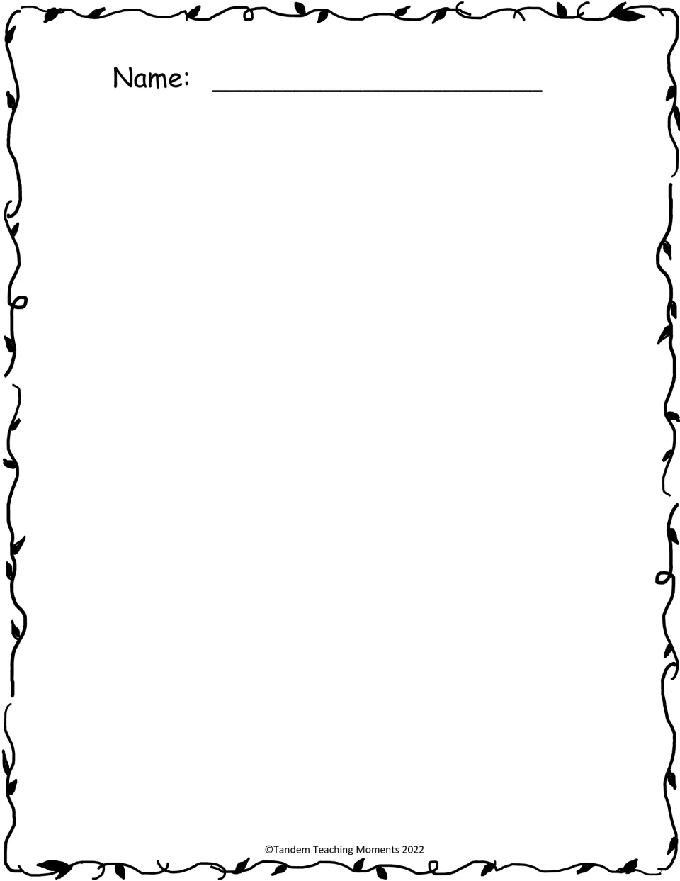 Leafy vine page with a Name line at the top and open space below for a student to write a short story or poem