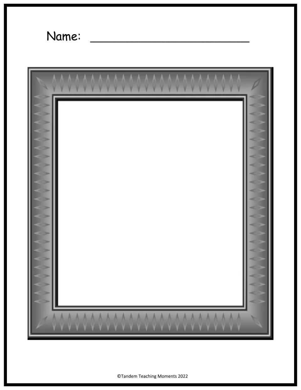 Picture frame page: a Name line above a large gray ornate rectangular frame where students draw a portrait or scene
