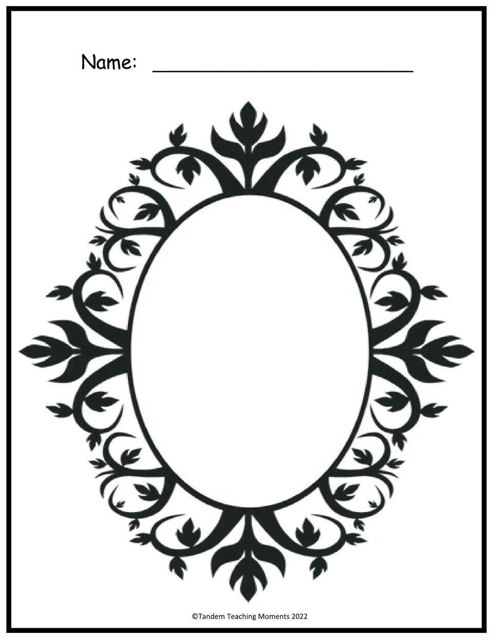 Oval mirror page: a Name line above a black ornate oval frame with leaf scrolls, open inside for a drawing or portrait