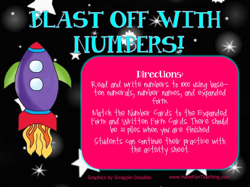 Blast Off With Numbers! rocket cover with directions: match number cards to expanded and word form cards to make 21 piles