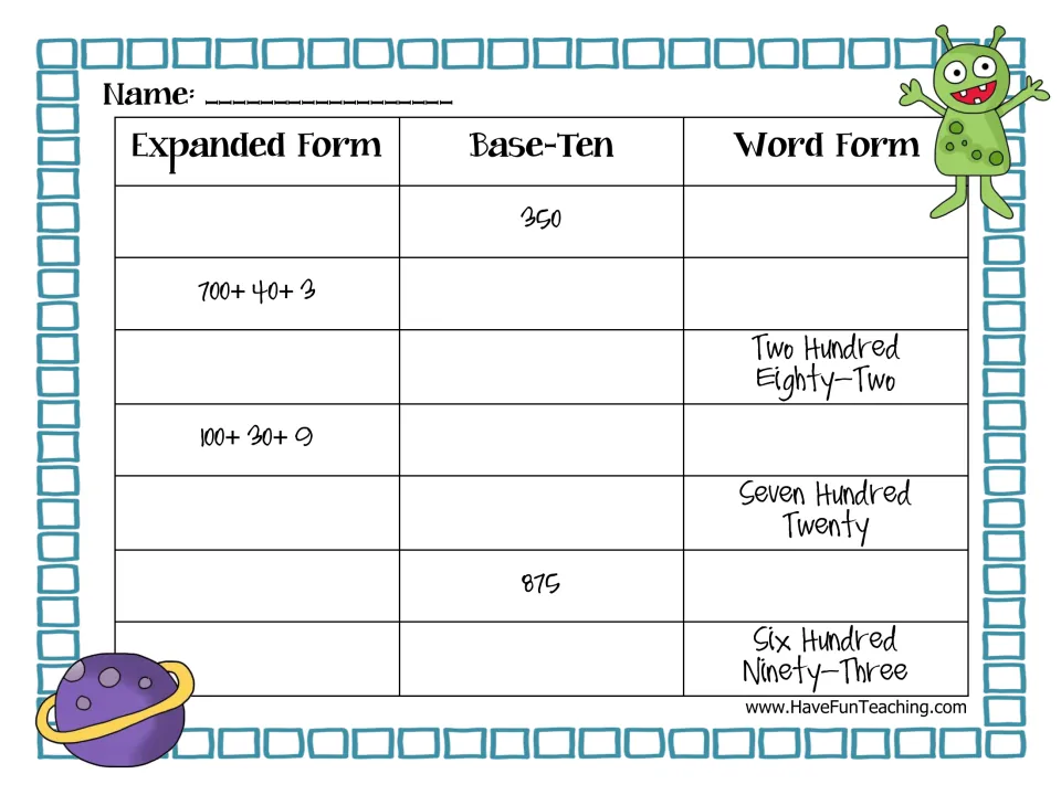 Number forms chart: students fill in the missing expanded form, base-ten numeral or word form for 7 numbers like 350 and 875