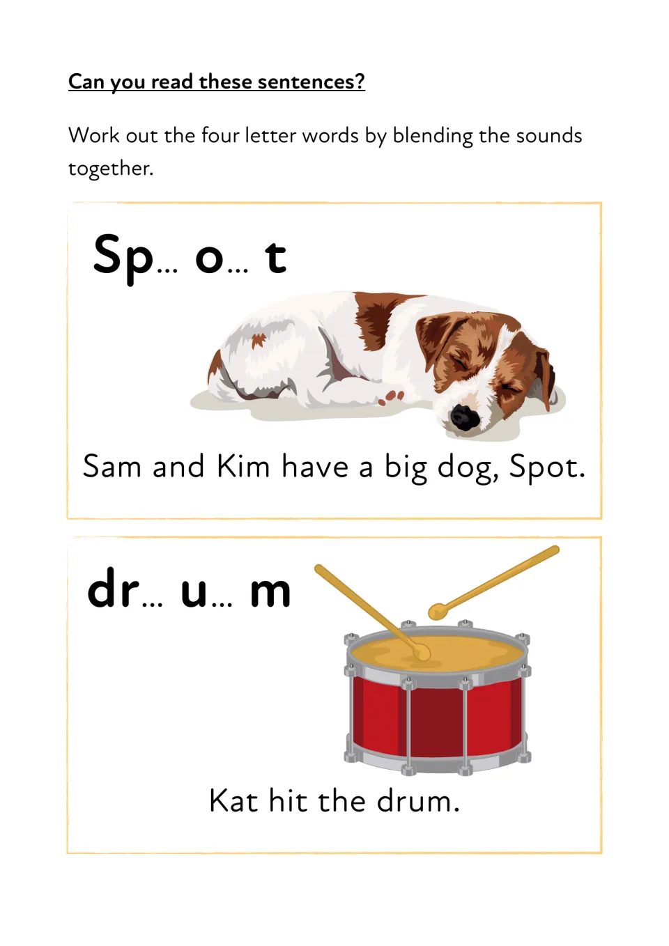 Blending sp and dr: students sound out Sp-o-t and dr-u-m, then read sentences about Spot the dog and Kat's drum