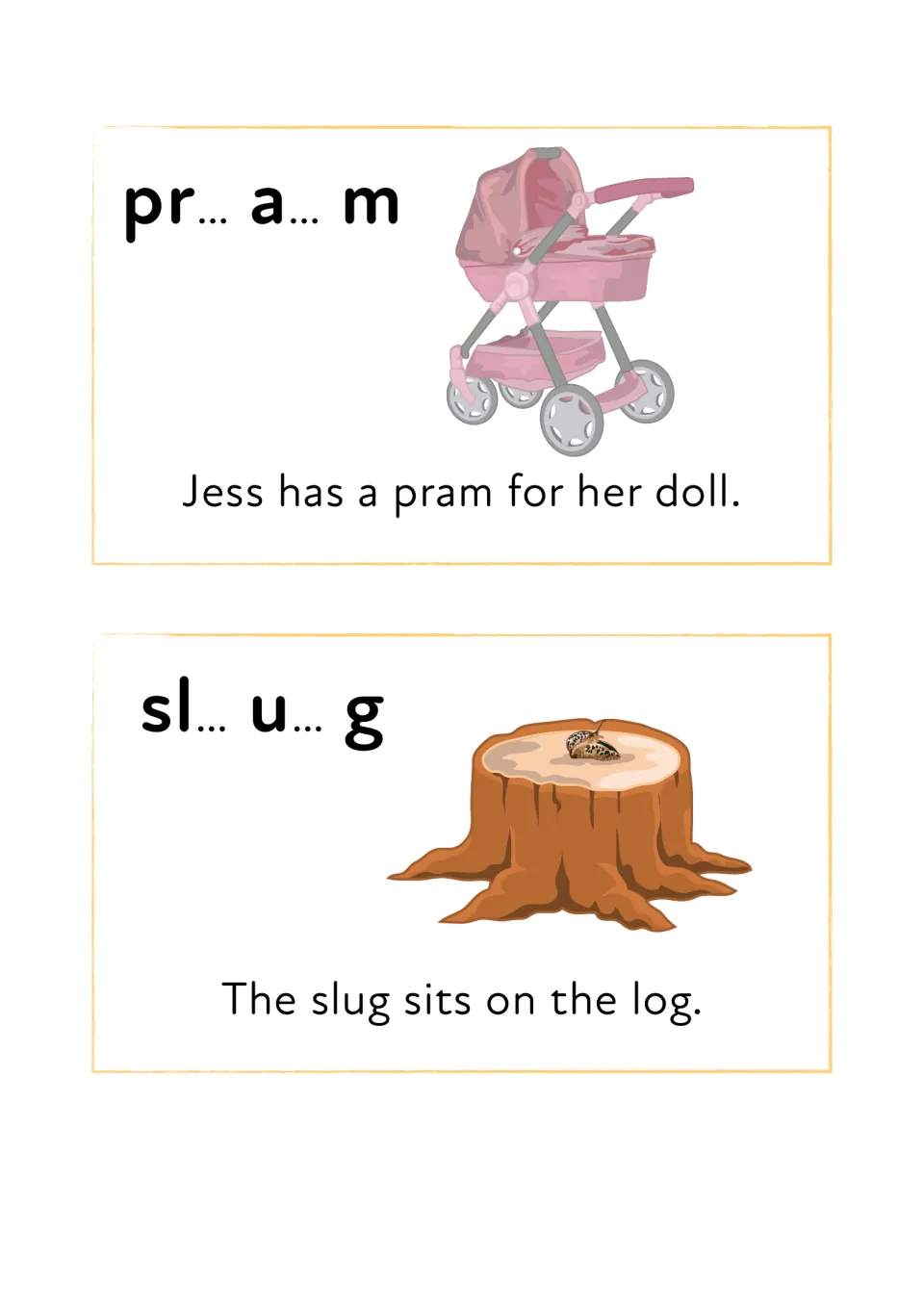 Blending pr and sl: students sound out pr-a-m and sl-u-g, then read sentences about a doll's pram and a slug on a log