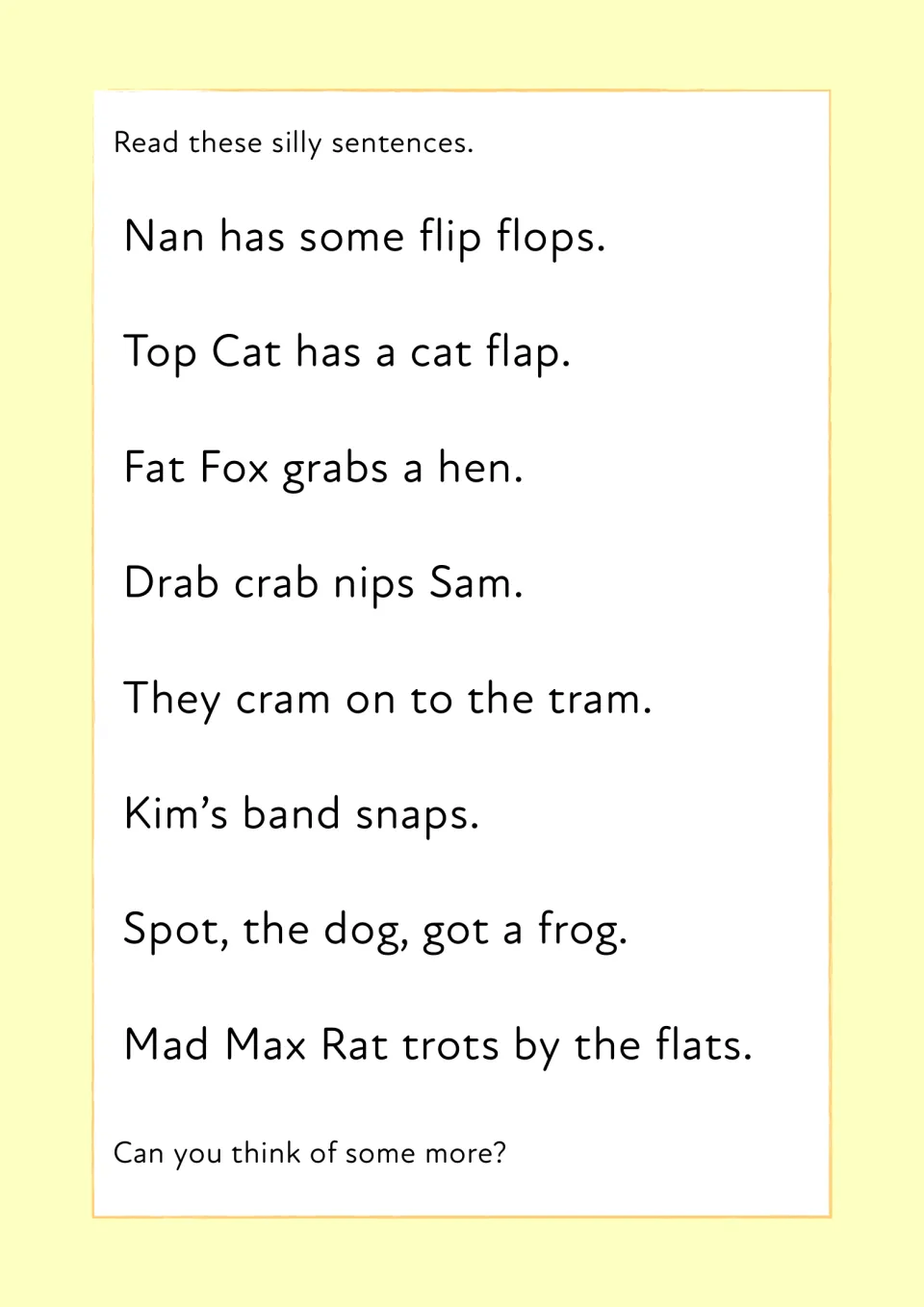 Read these silly sentences: eight lines using blend words like flip flops, crab, tram and frog, then invent more