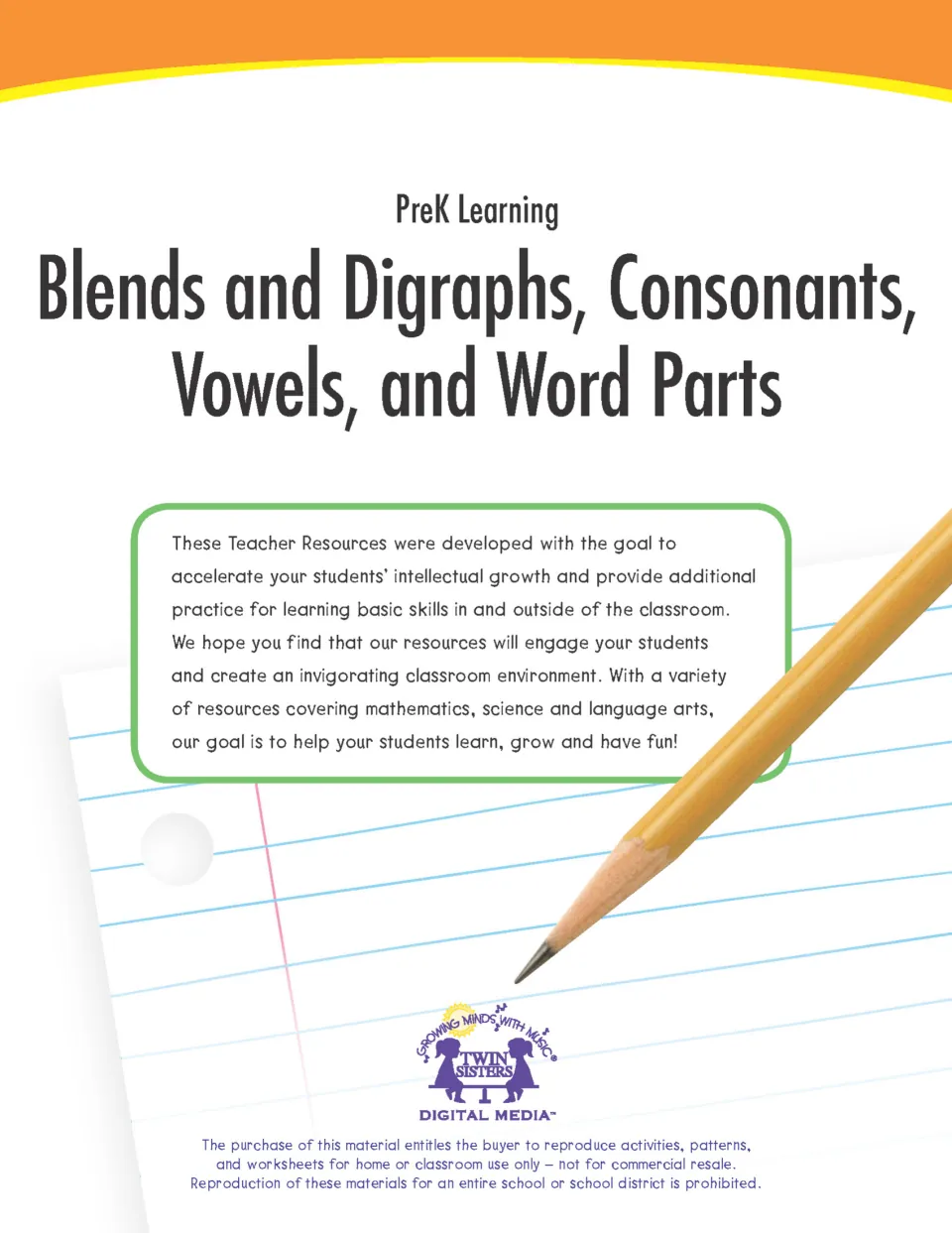 PreK Learning cover for a phonics workbook on blends, digraphs, consonants, vowels and word parts, with a pencil on paper