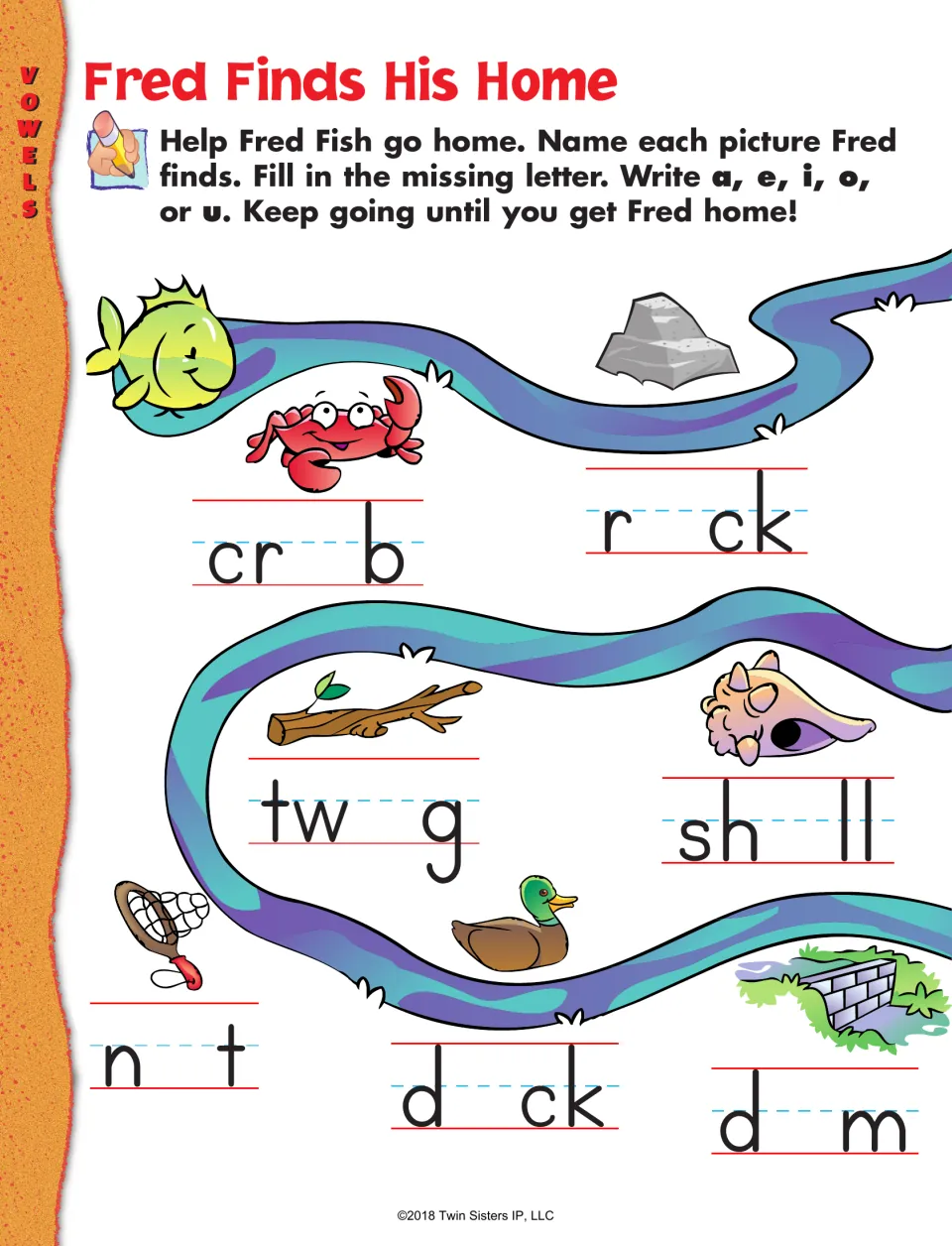 Fred Finds His Home, short vowels: students name pictures and write a, e, i, o or u in words like cr_b and sh_ll