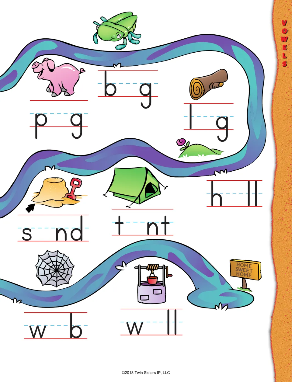 Short vowel river path continued: students fill in the missing vowel in p_g, b_g, l_g, h_ll, s_nd, t_nt, w_b and w_ll