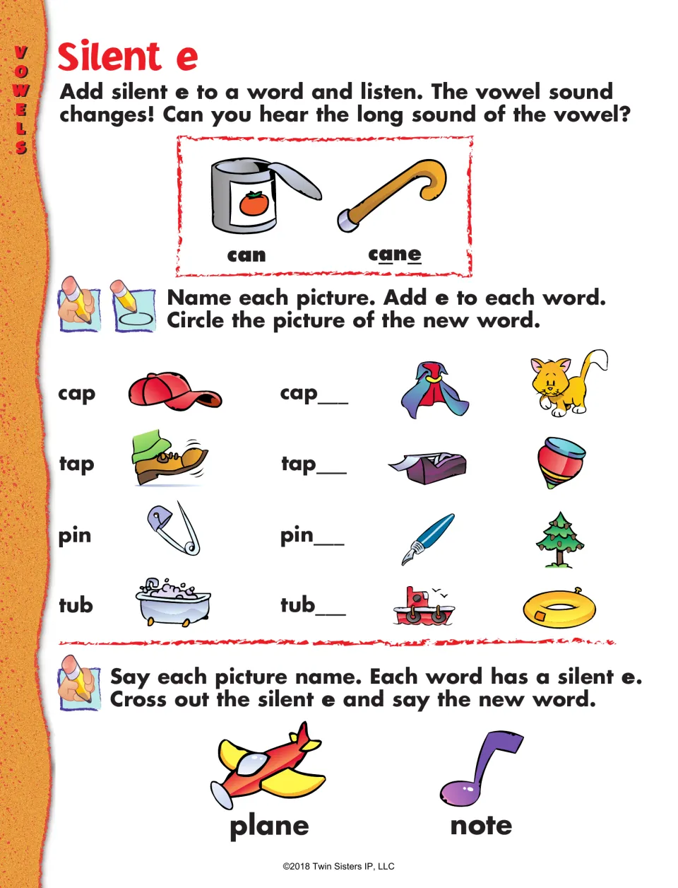 Silent e: students add e to cap, tap, pin and tub, circle the new word's picture, then cross out the e in plane and note
