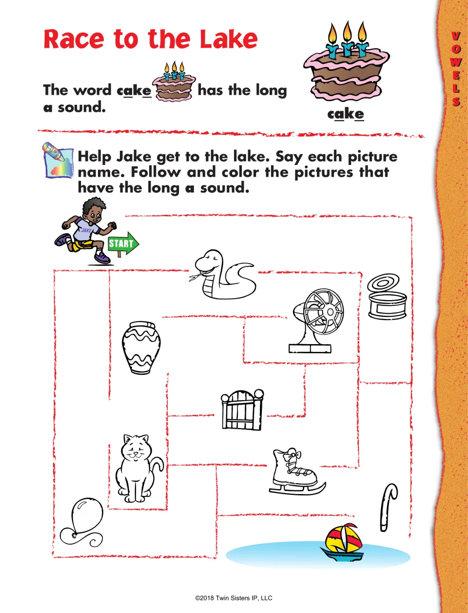 Race to the Lake, long a maze: students say picture names and color long a ones, like gate and skate, to reach the lake