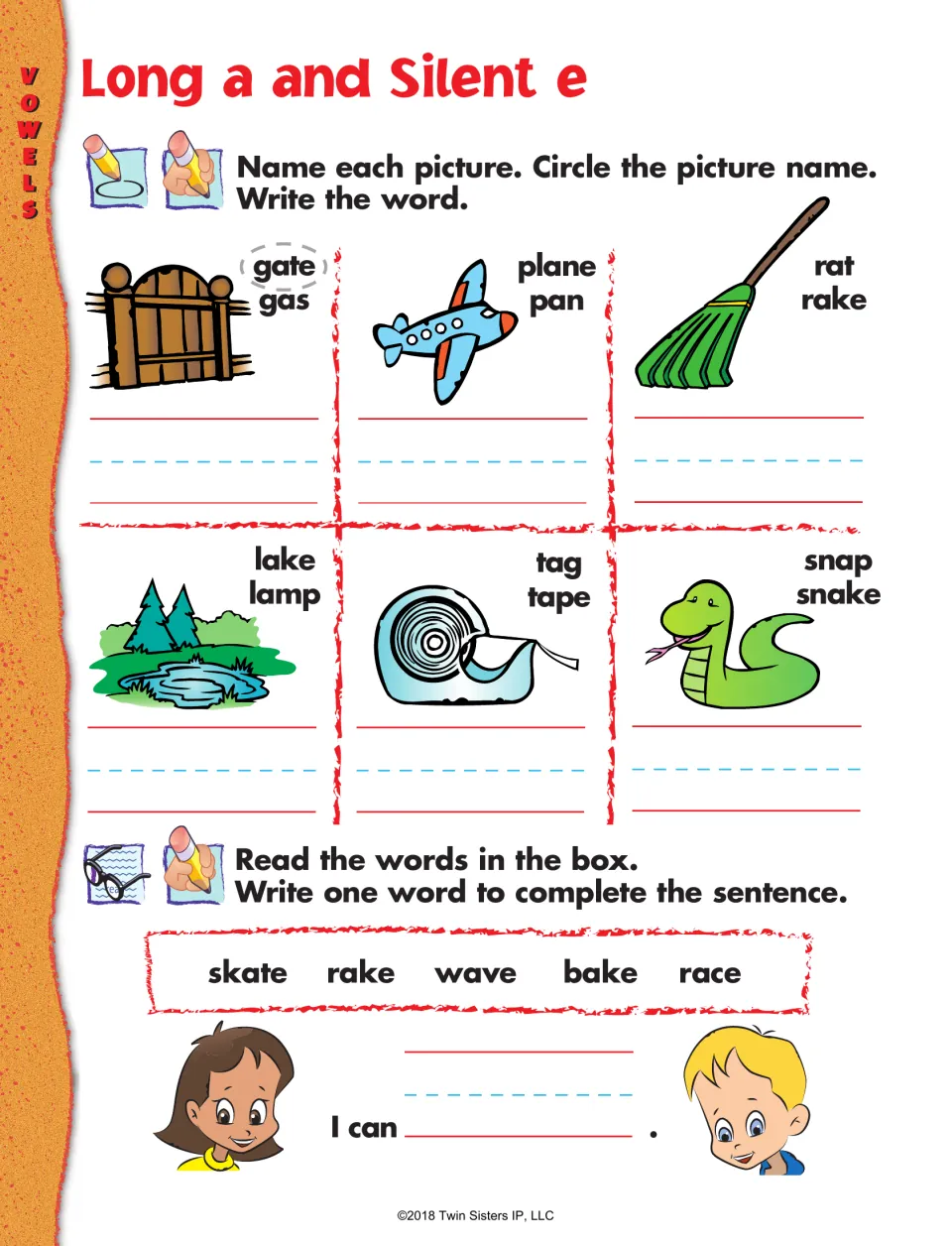 Long a and silent e: students circle picture names like gate or gas, write them, then finish 'I can ___' from a word list