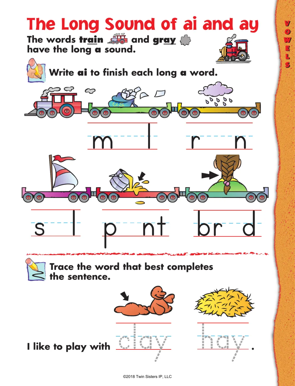 Long a with ai: students write ai to finish mail, rain, sail, paint and braid, then trace clay or hay to end a sentence