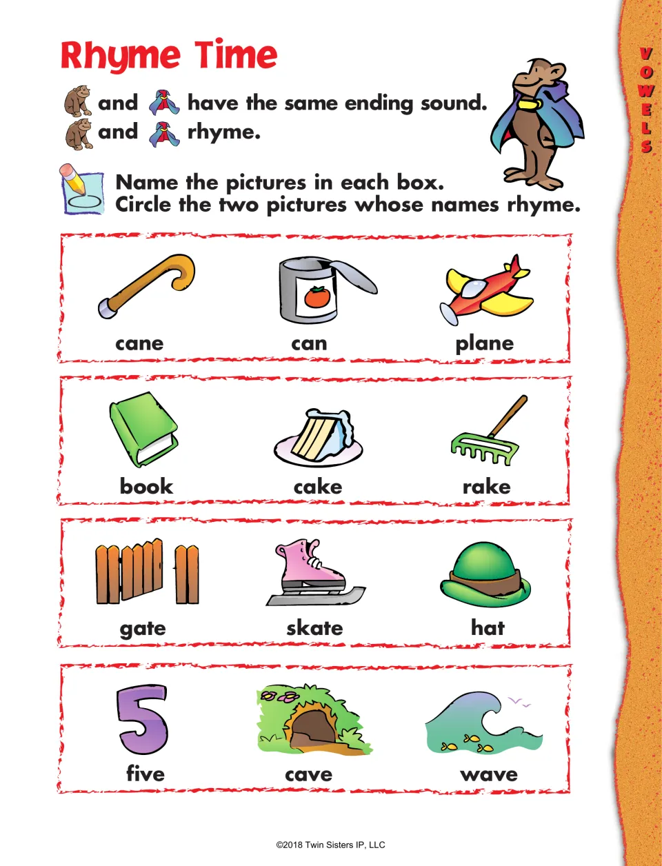 Rhyme Time: students name three pictures in each row, such as cane, can and plane, and circle the two whose names rhyme