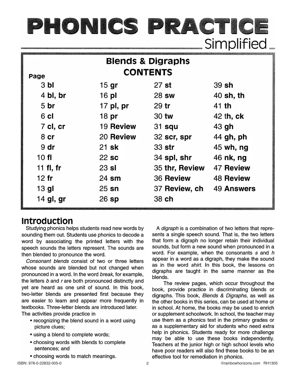 Phonics workbook contents and introduction list blends, digraphs, reviews, and answers starting on page 49