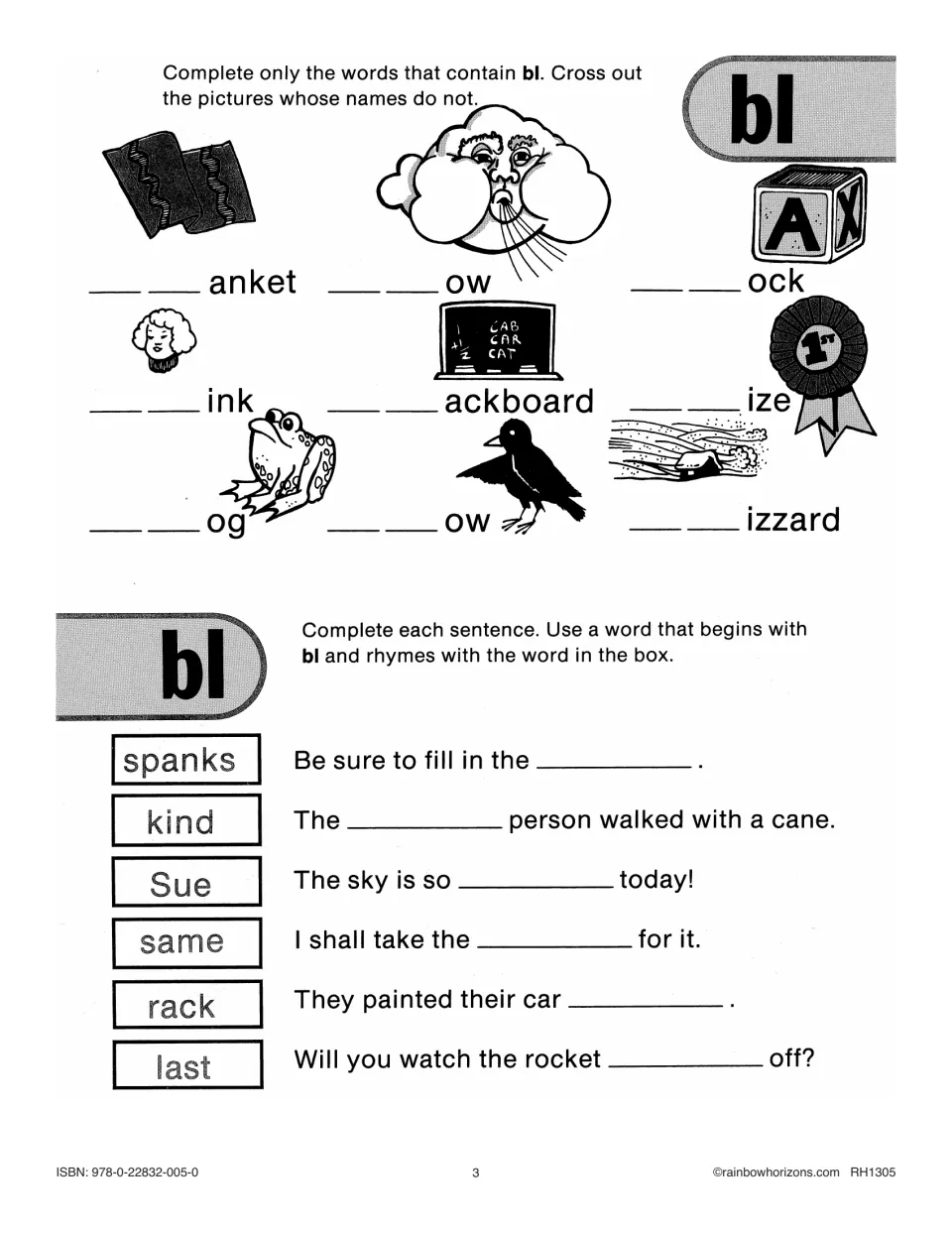Bl practice asks students to complete picture words such as blanket and block, then finish rhyming sentences