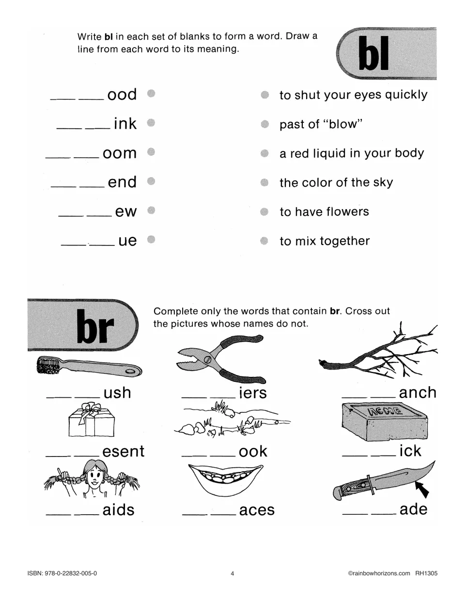 Bl and br practice pairs word meanings for blood, blink, and bloom with picture clues for brush and branch