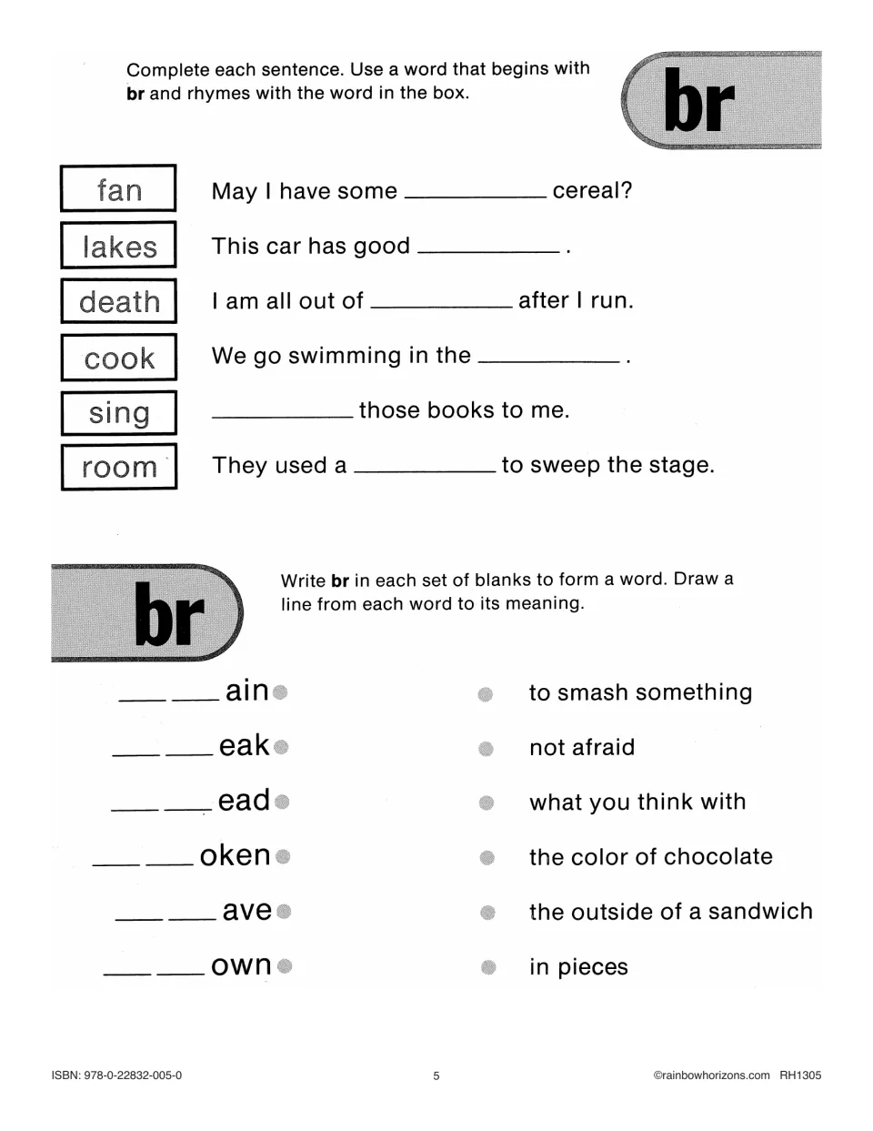 Br practice uses rhyming clues to finish sentences and matches words such as brain and brave to meanings