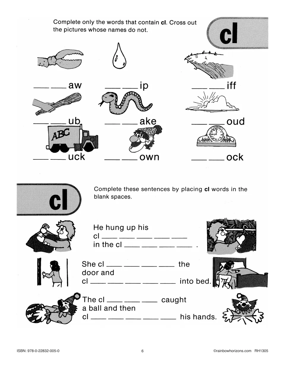 Cl practice asks students to identify claw, cliff, and other picture words, then complete illustrated sentences