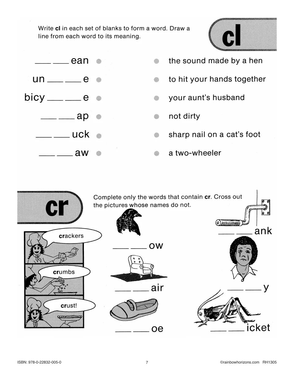 Cl and cr practice matches clean, uncle, and bicycle to meanings, then identifies cr picture words