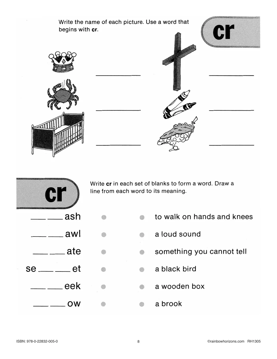 Cr practice asks for names of crown, crab, and other pictures, then matches crash, crawl, and more to meanings