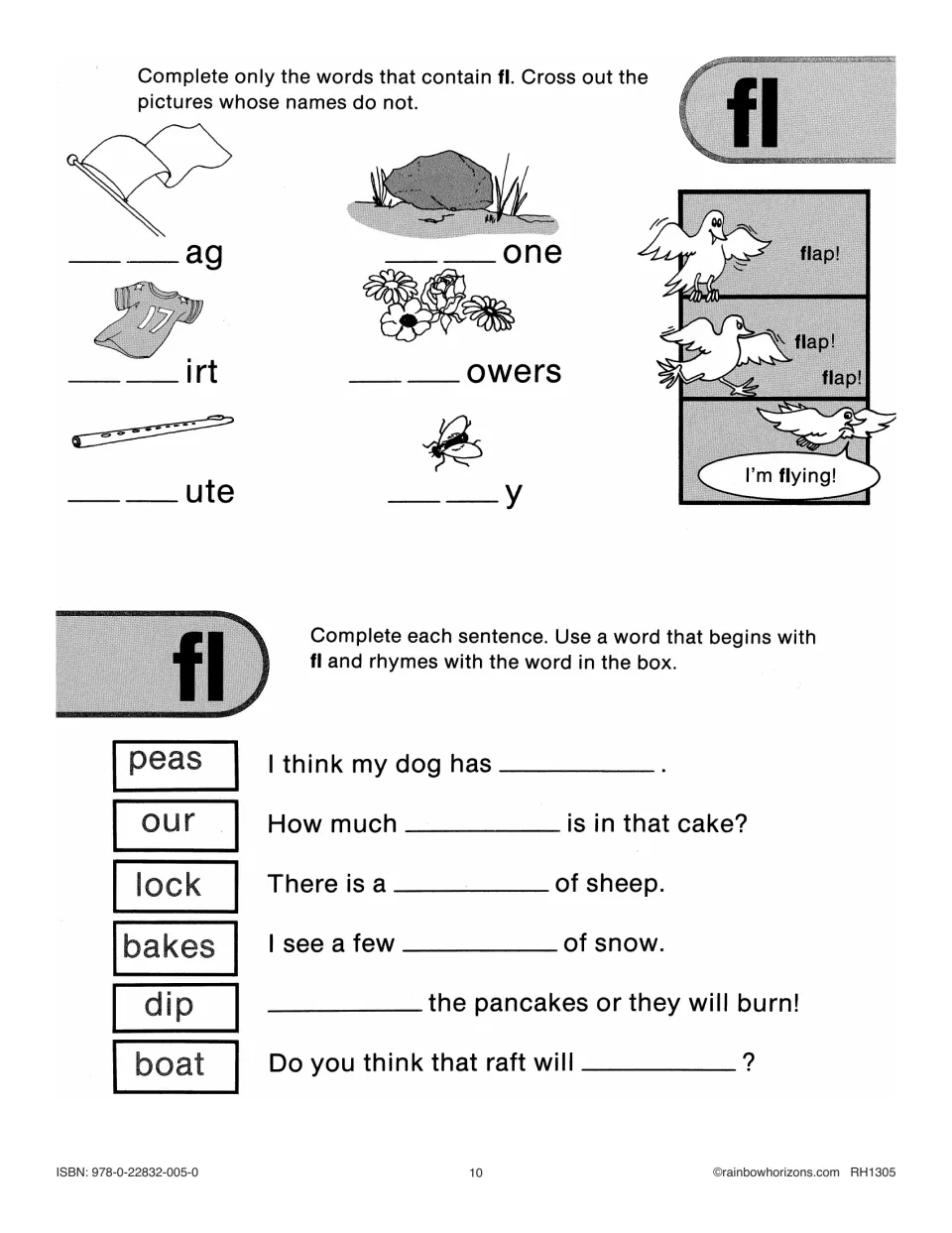 Fl practice identifies flag, flowers, flute, and fly from pictures, then completes six sentences using rhymes