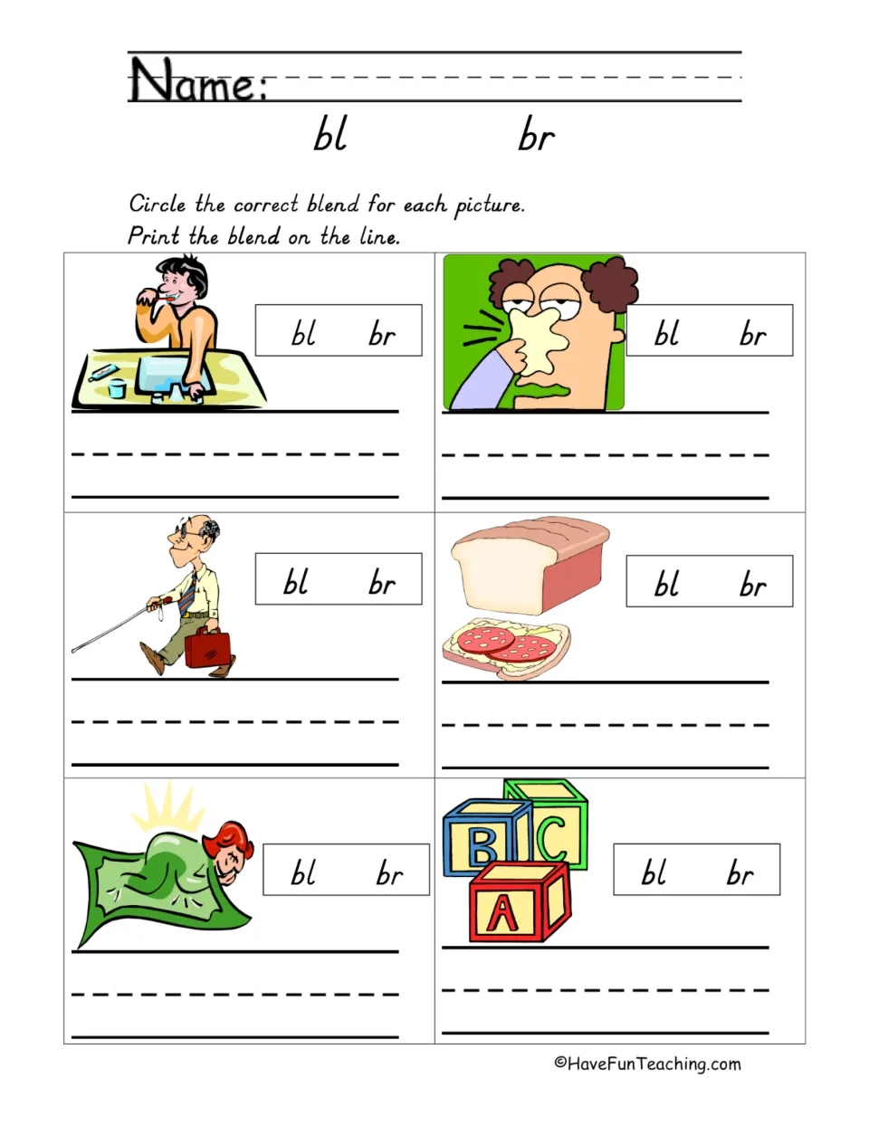 BL and BR blends: students circle the blend for six pictures, like brush, bread and block, then print it on the line