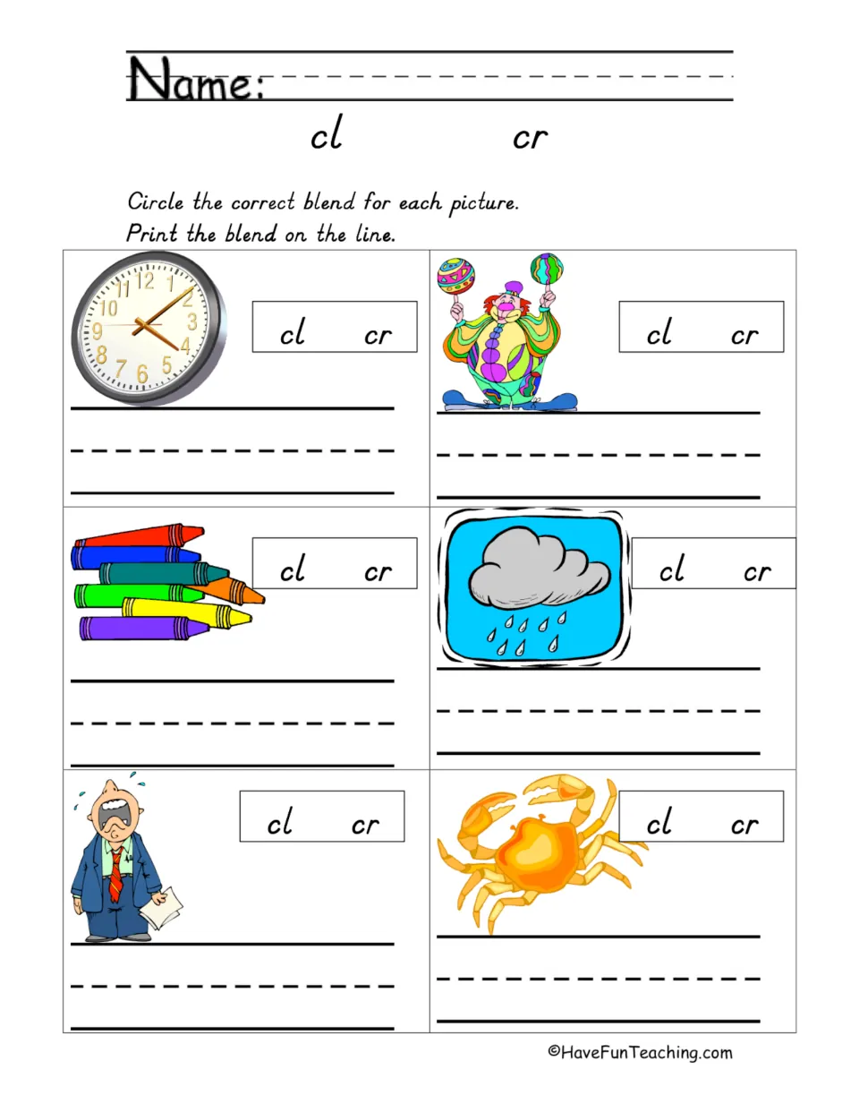 CL and CR blends: students circle the right blend for six pictures, such as clock, clown and crab, then print it