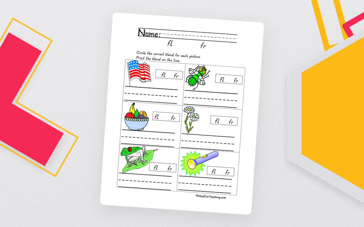 FL and FR blends worksheet with six labeled picture prompts and handwriting lines.