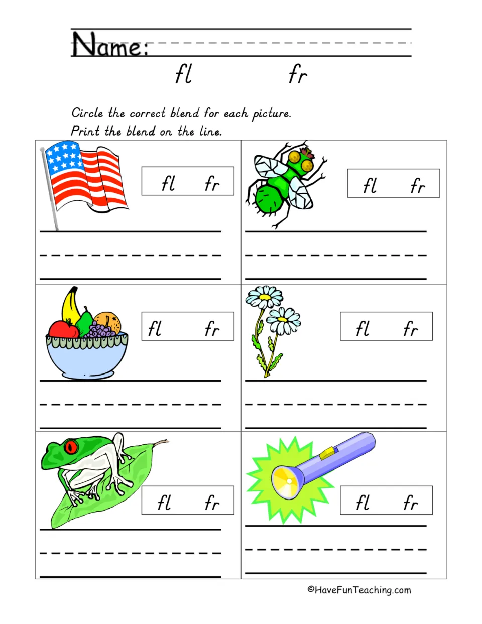 FL and FR blends: students circle the blend for each of 6 pictures, such as a flag, frog and flashlight, then print it
