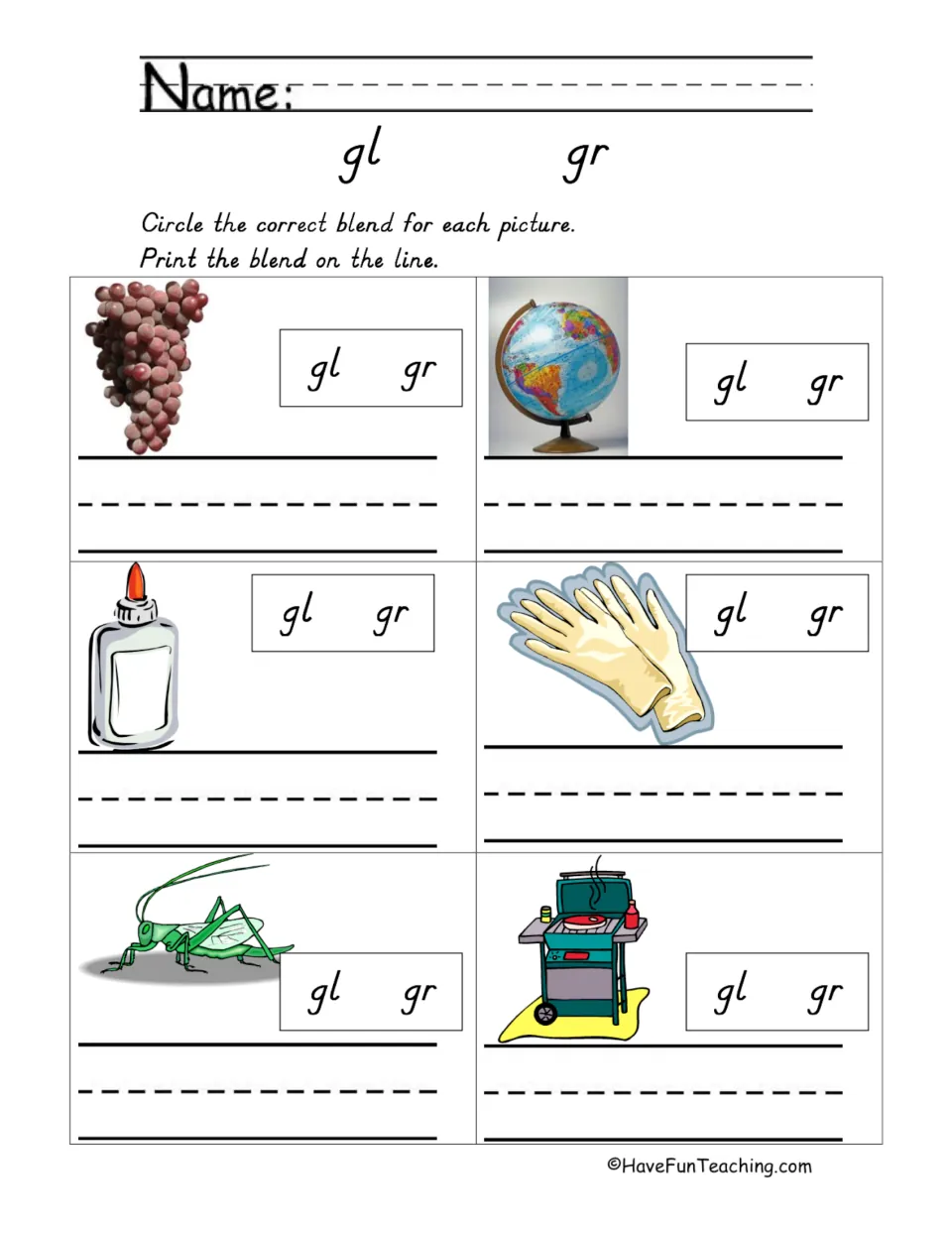 GL and GR blends: students circle the blend for grapes, globe, glue, gloves, grasshopper and grill, then print it