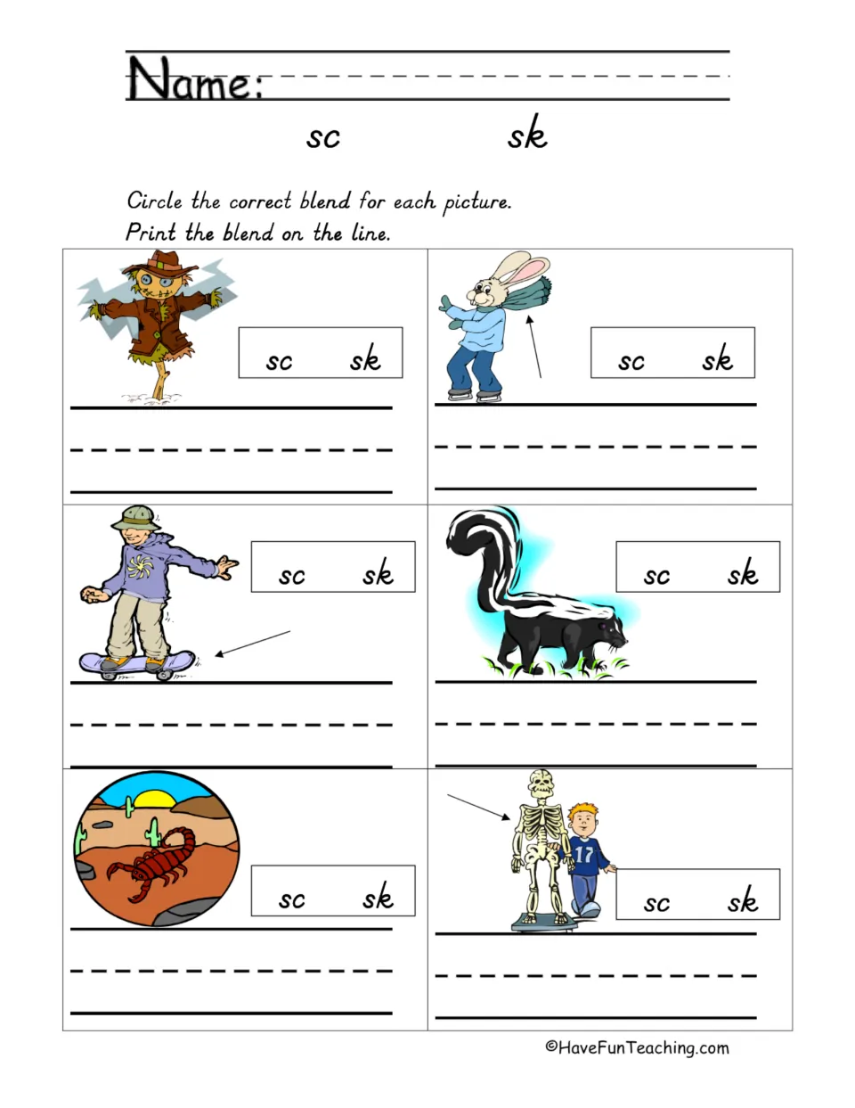 Beginning-blend practice: circle and print sc or sk for scarecrow, scarf, skateboard and three more.