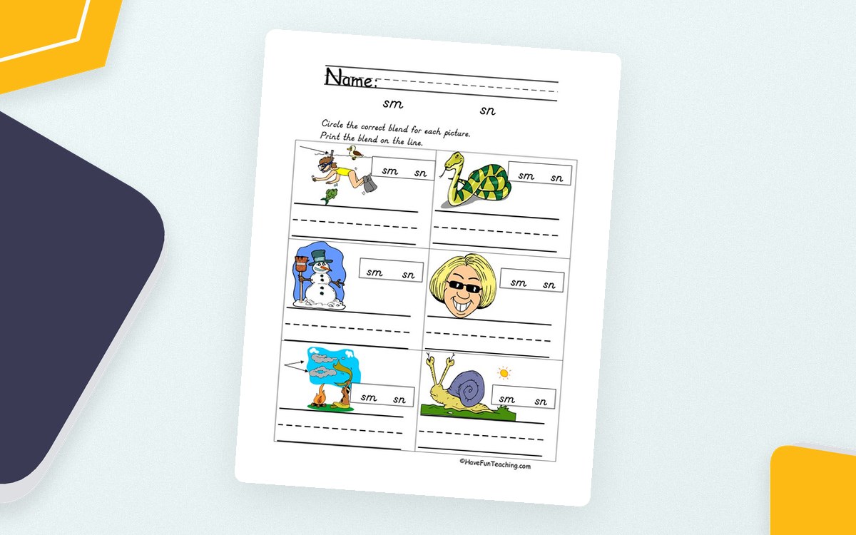Blends SM, SN Worksheet teaching resource preview