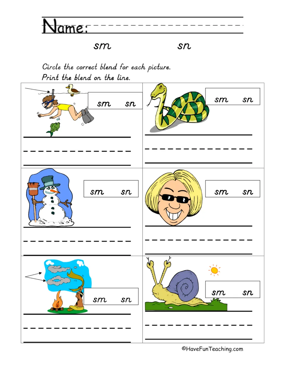 SM and SN blends: students circle the correct blend for six pictures, like a snake and snowman, then print it on the line