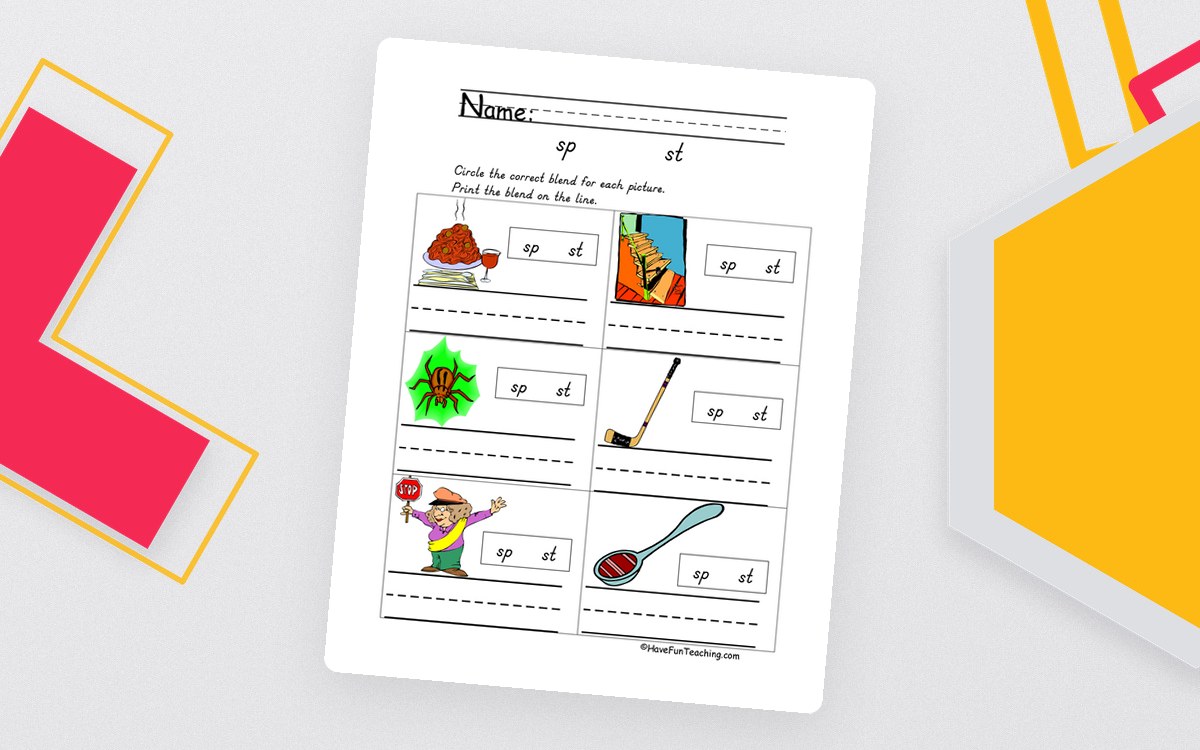 Blends SP, ST Worksheet preview: Illustrated sp and st discrimination task