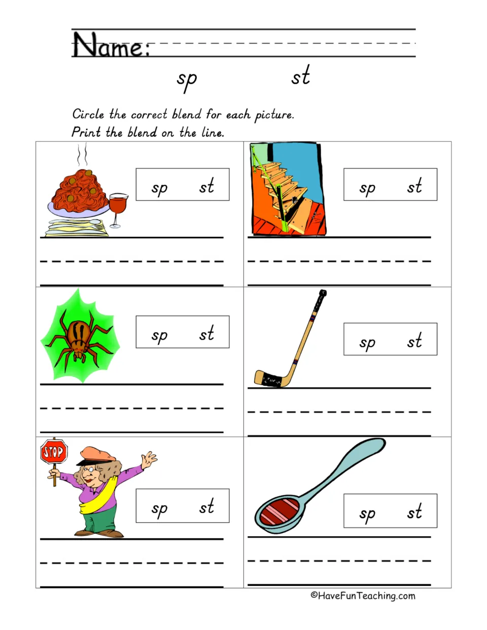 SP and ST blends: students circle the blend for 6 pictures like spaghetti, spider and stop sign, then print it on the line