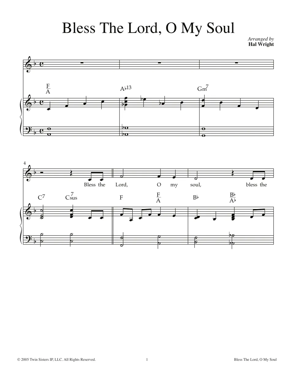 Bless The Lord, O My Soul arranged by Hal Wright: vocal and piano score in F, piano intro and measures 4-6 with lyrics