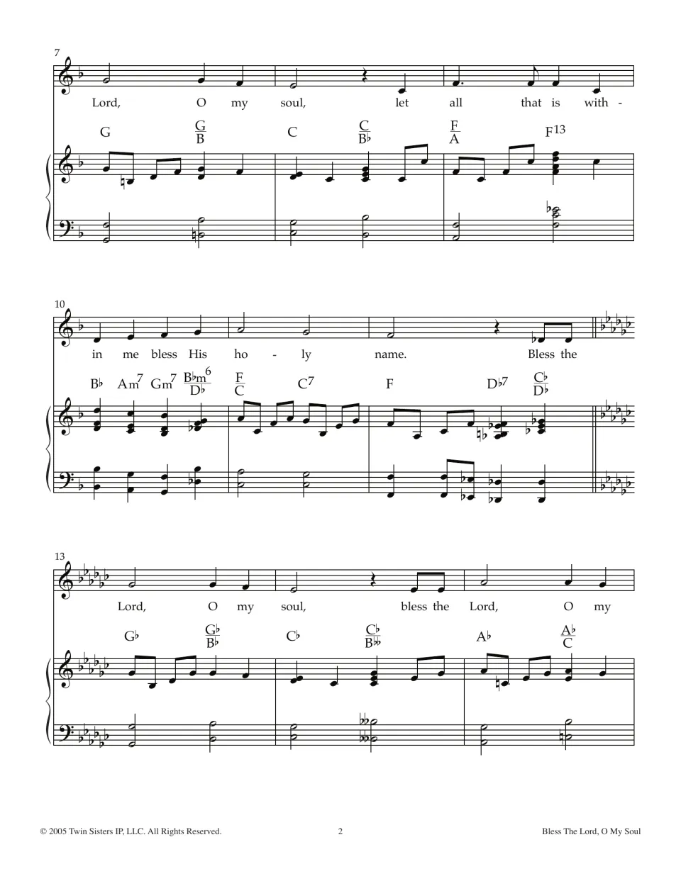 Measures 7-15 of the vocal and piano score: 'let all that is within me bless His holy name', then a key change to G-flat