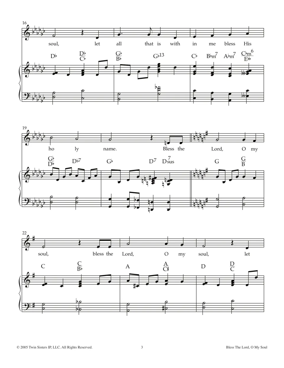 Score, measures 16-24: repeated phrase in G-flat, then a modulation to G major on 'Bless the Lord, O my soul'