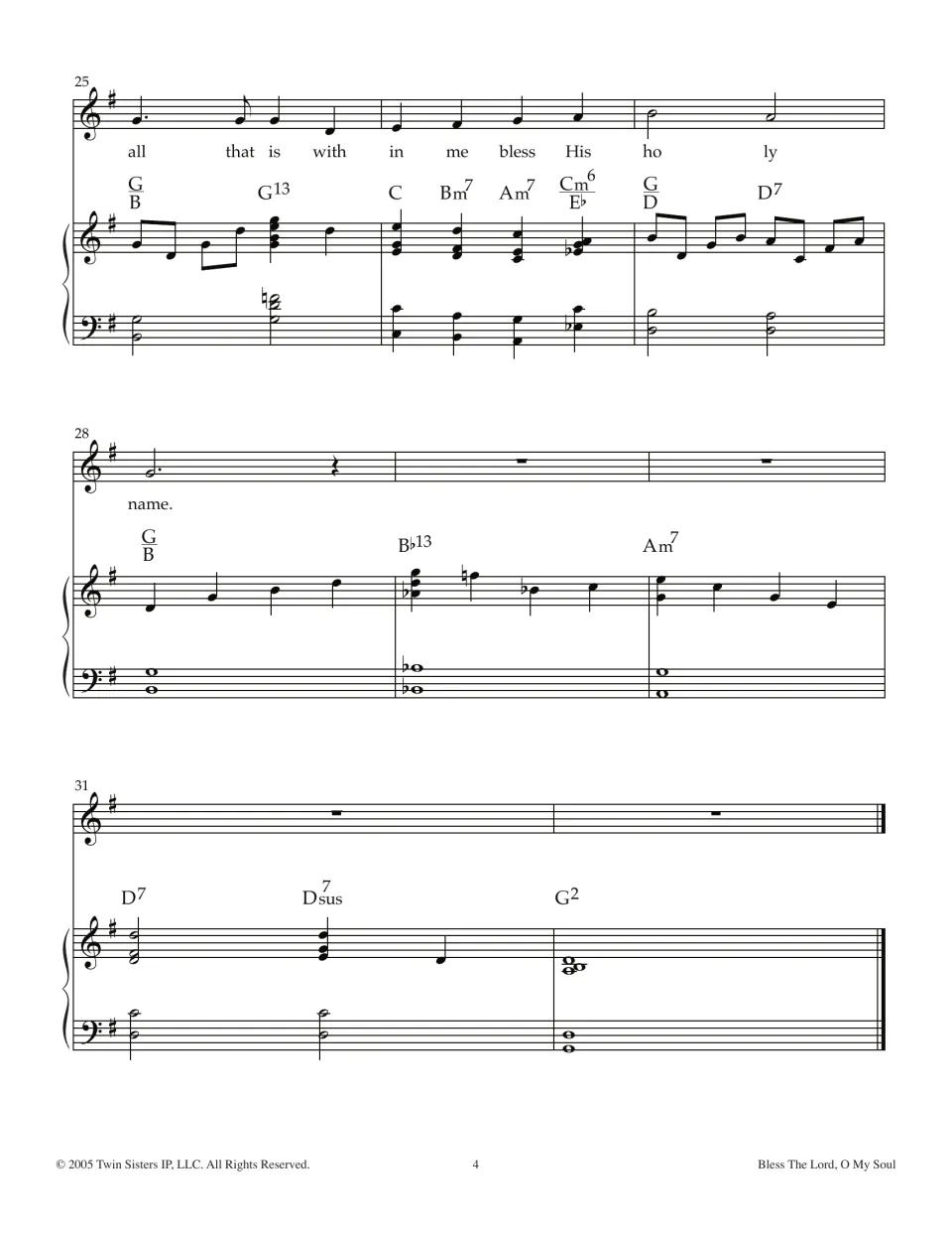 Final measures 25-32 in G major: closing lyric 'bless His holy name' followed by a piano outro ending on a G2 chord