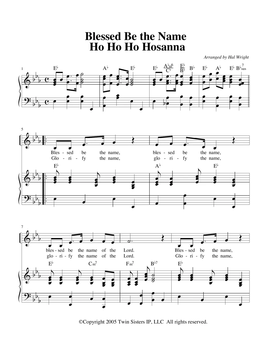 Song opening in E-flat: piano intro, then singers learn the Blessed be the name and Glorify the name verse, bars 1-9