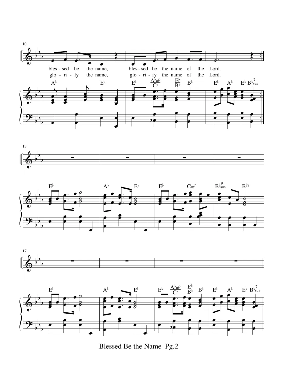 Piano-vocal score bars 10-20: verse ends on name of the Lord with a repeat, then piano-only interlude under chord symbols
