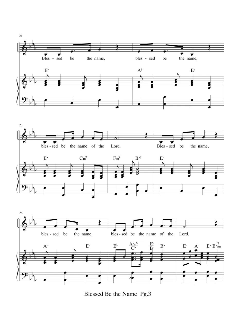 Bars 21-28 of the vocal score: singers return with the Blessed be the name melody, closing on name of the Lord