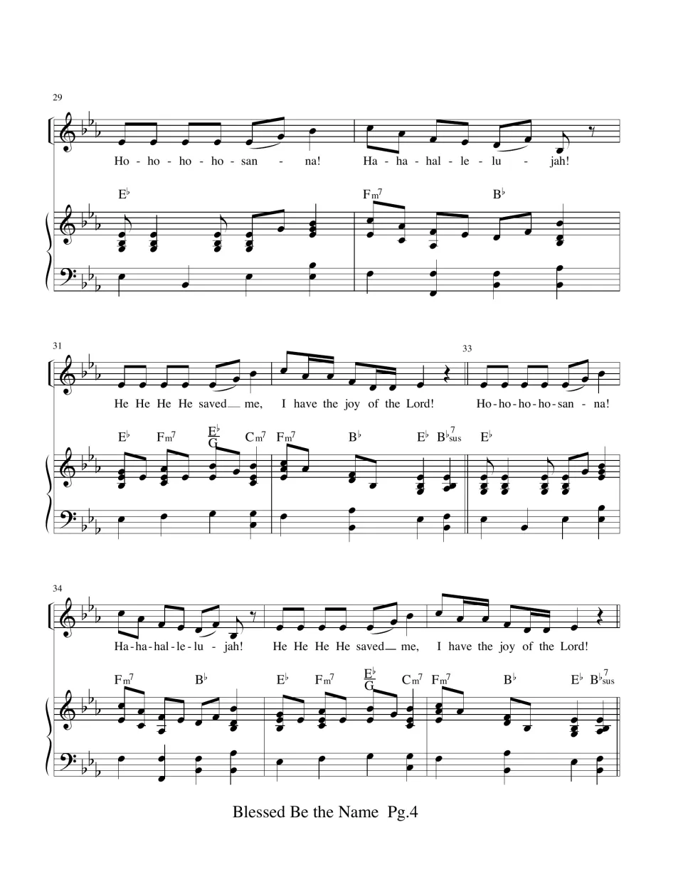 Hosanna chorus, bars 29-36: singers learn Ho-ho-ho-hosanna, Ha-ha-hallelujah and I have the joy of the Lord lyrics